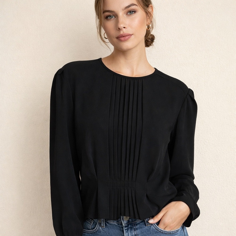 Vintage Black Sheer‎ Pintuck Blouse Puff Sleeve L